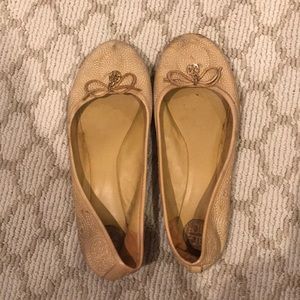 Tory Burch tan ballet flats w/ bow and gold logo